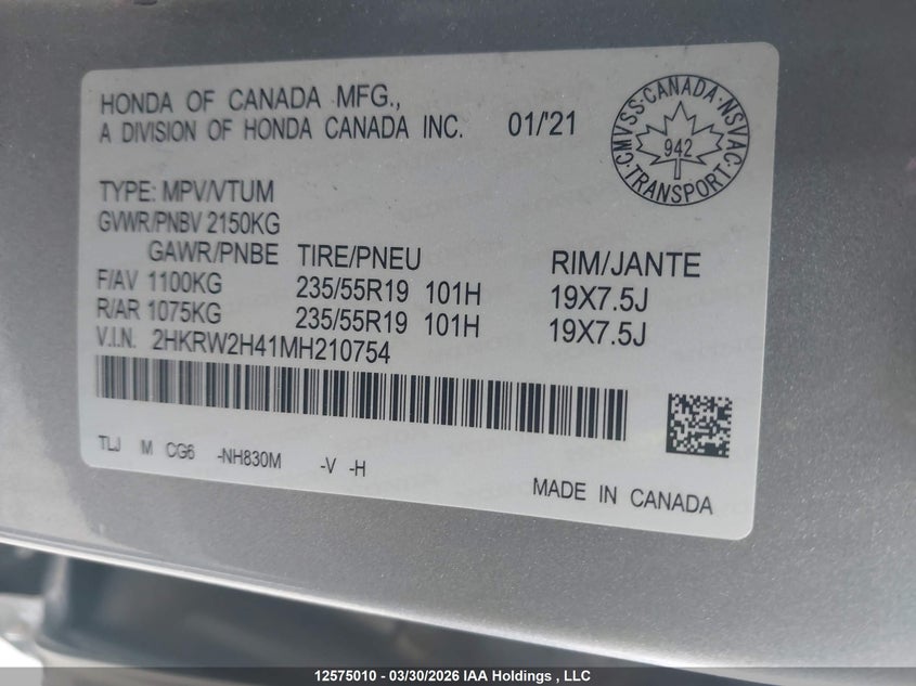 2021 Honda Cr-V Sport VIN: 2HKRW2H41MH210754 Lot: 12575010