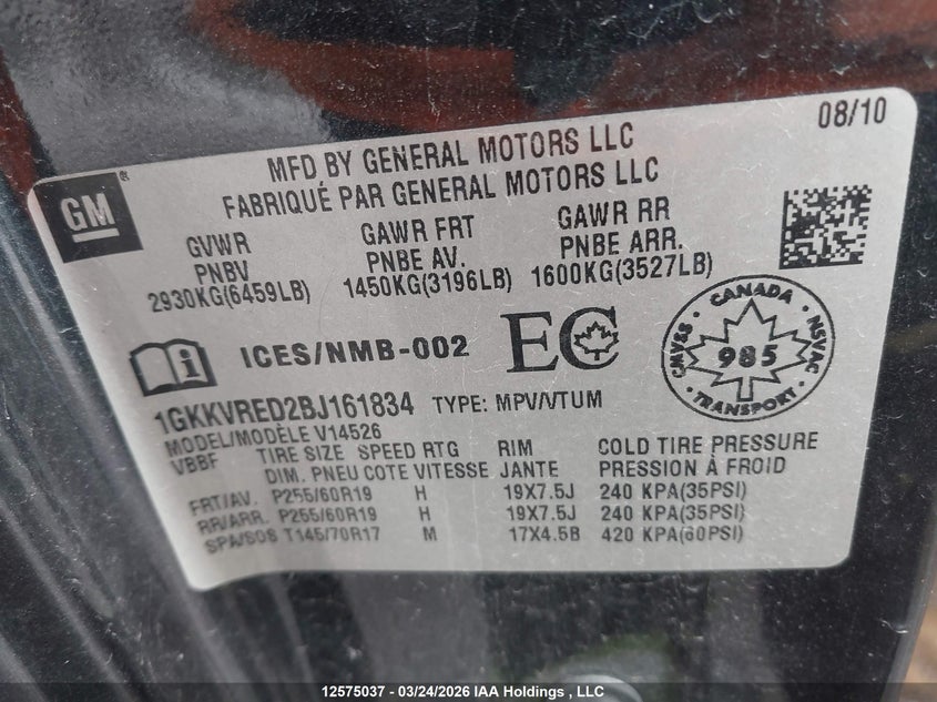 2011 GMC Acadia Slt-1 VIN: 1GKKVRED2BJ161834 Lot: 12575037