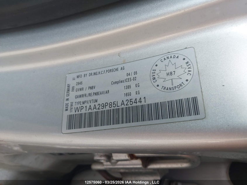2005 Porsche Cayenne VIN: WP1AA29P85LA25441 Lot: 12575060