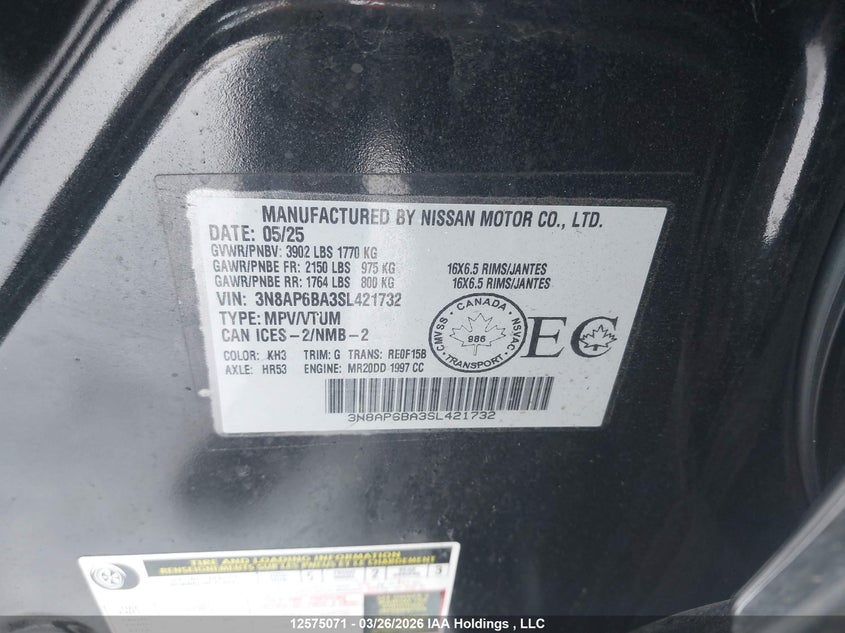 2025 Nissan Kicks S VIN: 3N8AP6BA3SL421732 Lot: 12575071