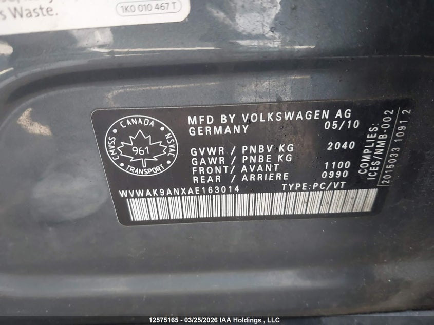 2010 Volkswagen Passat 2.0T VIN: WVWAK9ANXAE163014 Lot: 12575165