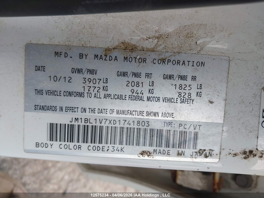 2013 Mazda Mazda3 Gs-Sky VIN: JM1BL1V7XD1741803 Lot: 12575234