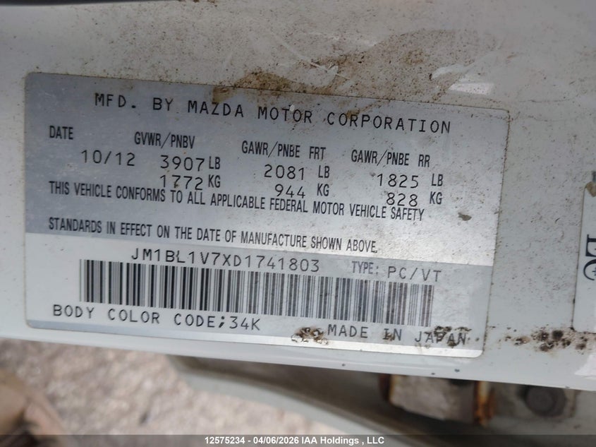 2013 Mazda Mazda3 Gs-Sky VIN: JM1BL1V7XD1741803 Lot: 12575234