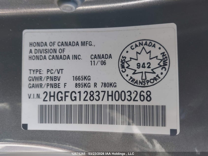 2007 Honda Civic Ex VIN: 2HGFG12837H003268 Lot: 12575265