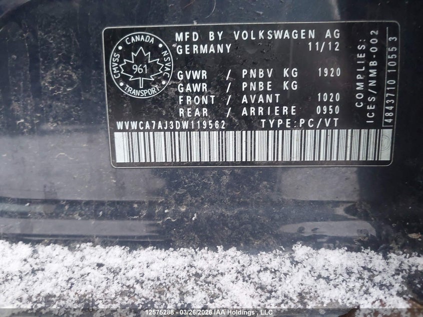 2013 Volkswagen Golf 2.5L Comfortline/2.5L Highline/2.5L Trendline/Wolfsburg Edition 2.5L VIN: WVWCA7AJ3DW119562 Lot: 12575288