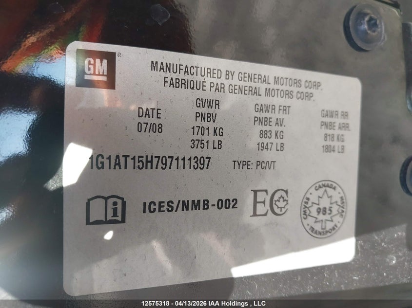 2009 Chevrolet Cobalt Lt VIN: 1G1AT15H797111397 Lot: 12575318