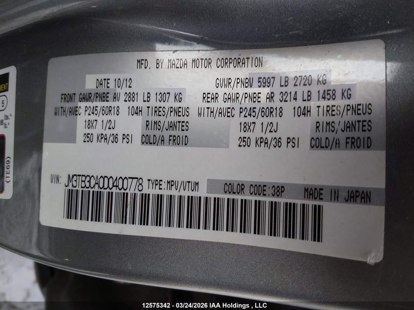 2013 Mazda Cx-9 Gs VIN: JM3TB3CA0D0400778 Lot: 12575342