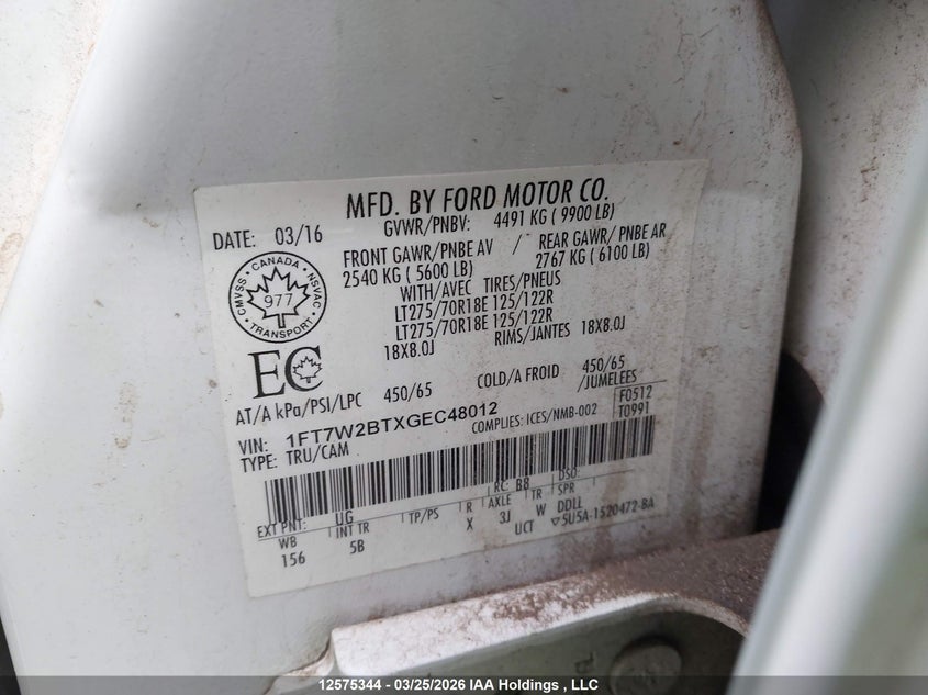 2016 Ford F-250 Lariat VIN: 1FT7W2BTXGEC48012 Lot: 12575344
