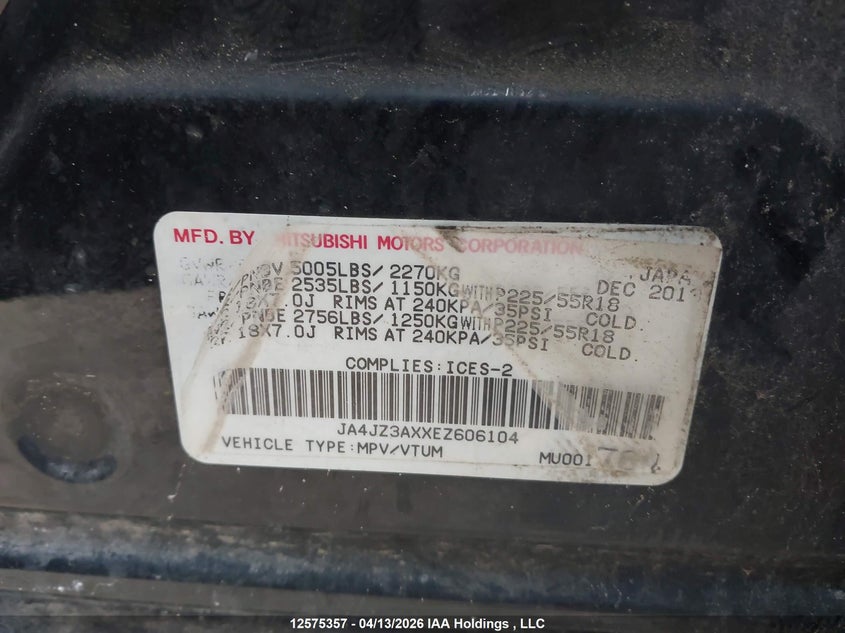 2014 Mitsubishi Outlander Se VIN: JA4JZ3AXXEZ606104 Lot: 12575357