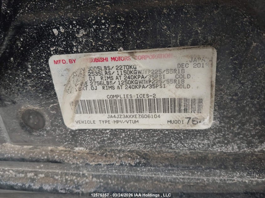 2014 Mitsubishi Outlander Se VIN: JA4JZ3AXXEZ606104 Lot: 12575357