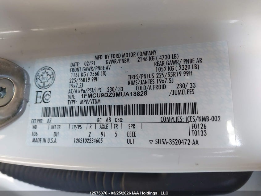 2021 Ford Escape Titanium VIN: 1FMCU9DZ9MUA18828 Lot: 12575376