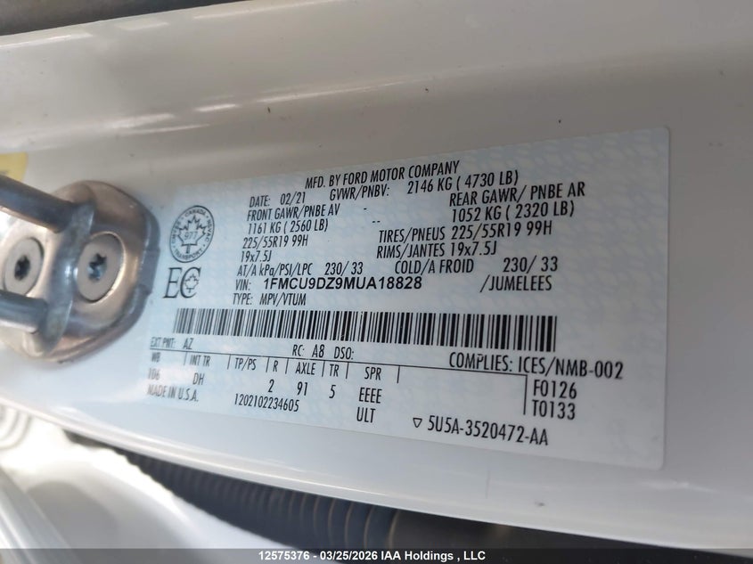 2021 Ford Escape Titanium VIN: 1FMCU9DZ9MUA18828 Lot: 12575376