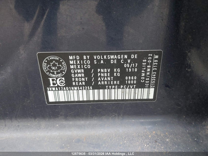 2017 Volkswagen Golf Sportwagen S VIN: 3VWA17AU1HM542256 Lot: 12575635