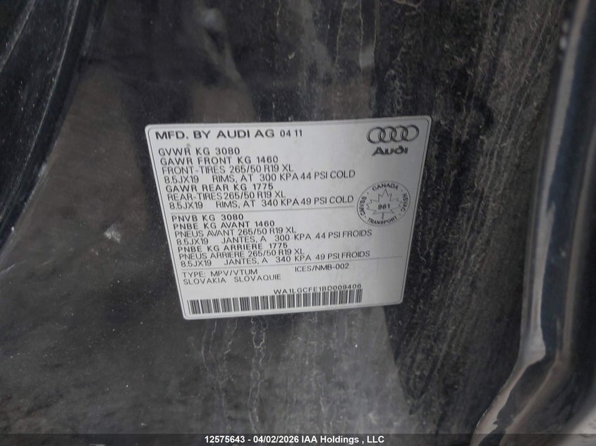 2011 Audi Q7 3.0 Premium VIN: WA1LGCFE1BD009406 Lot: 12575643