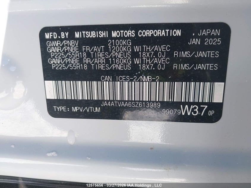 2025 Mitsubishi Eclipse VIN: JA4ATVAA6SZ613989 Lot: 12575656