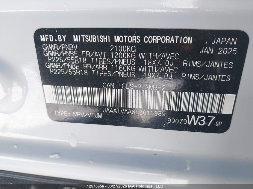 2025 Mitsubishi Eclipse VIN: JA4ATVAA6SZ613989 Lot: 12575656