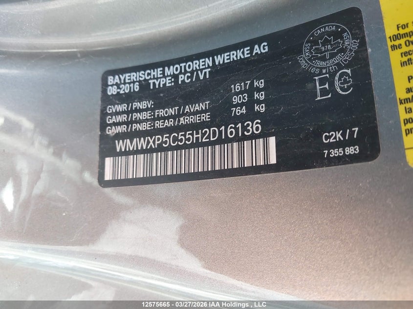 2017 Mini 3 Door Cooper VIN: WMWXP5C55H2D16136 Lot: 12575665
