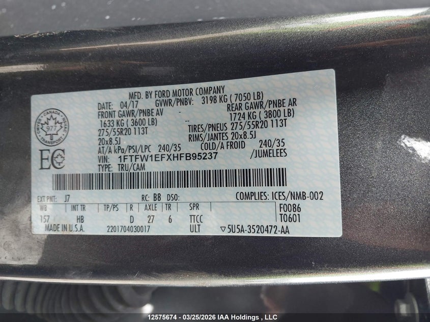 2017 Ford F-150 Lariat VIN: 1FTFW1EFXHFB95237 Lot: 12575674
