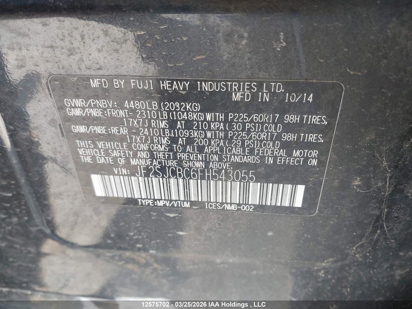 2015 Subaru Forester VIN: JF2SJCBC6FH543055 Lot: 12575702