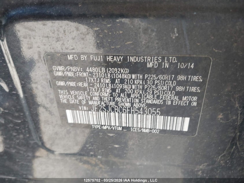 2015 Subaru Forester VIN: JF2SJCBC6FH543055 Lot: 12575702