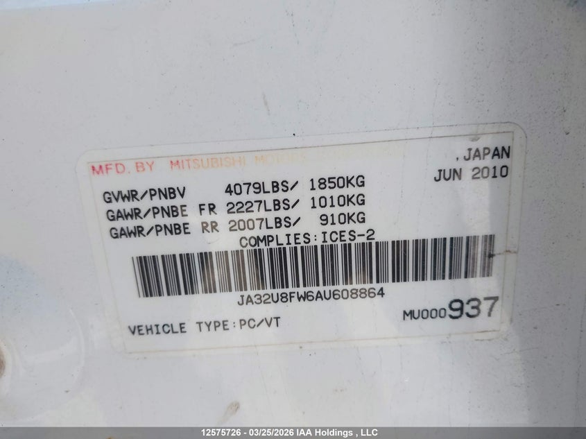 2010 Mitsubishi Lancer Gts VIN: JA32U8FW6AU608864 Lot: 12575726