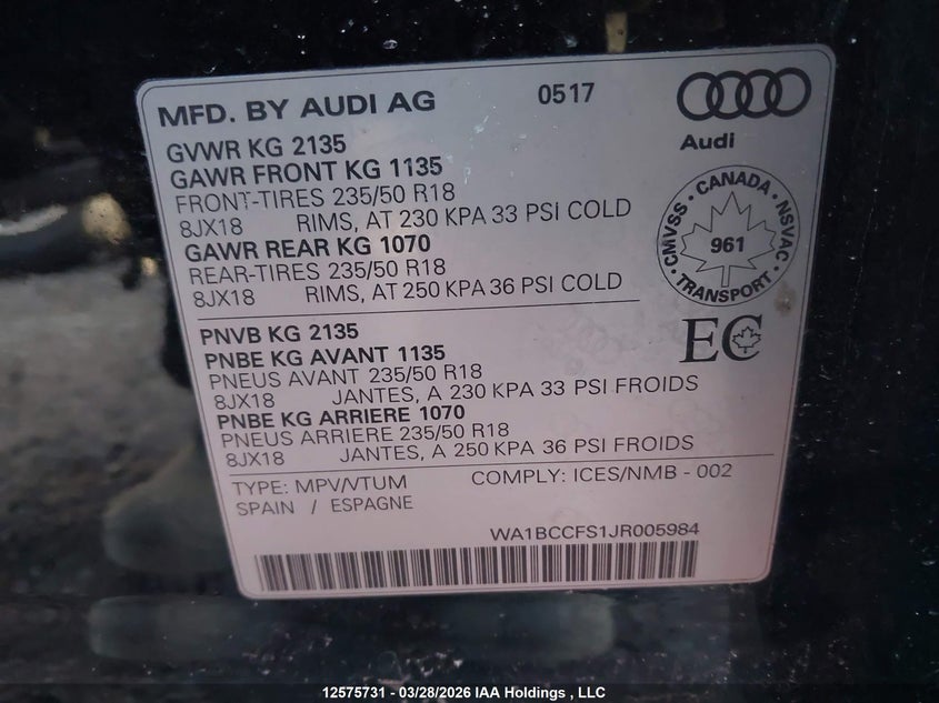 2018 Audi Q3 2.0T Komfort VIN: WA1BCCFS1JR005984 Lot: 12575731