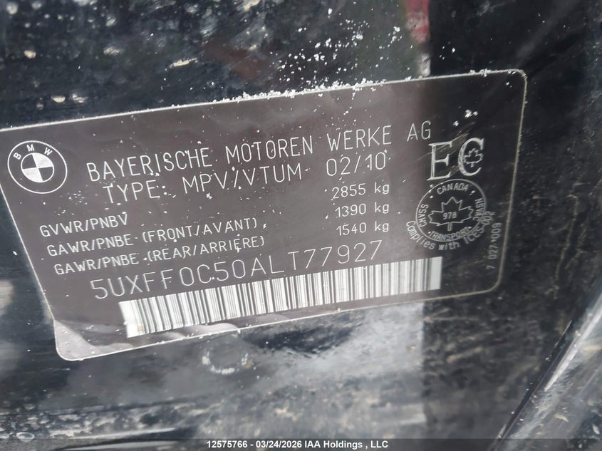2010 BMW X5 VIN: 5UXFF0C50ALT77927 Lot: 12575766
