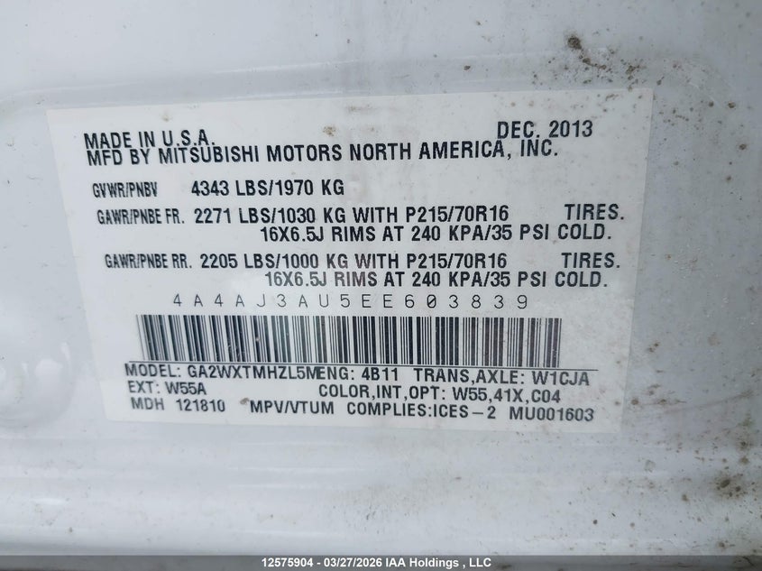 2014 Mitsubishi Rvr VIN: 4A4AJ3AU5EE603839 Lot: 12575904