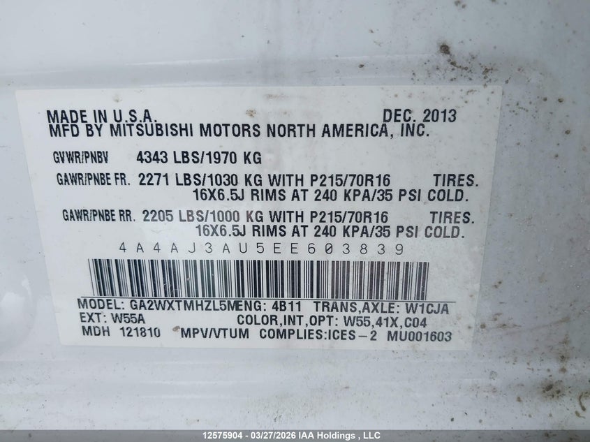 2014 Mitsubishi Rvr VIN: 4A4AJ3AU5EE603839 Lot: 12575904