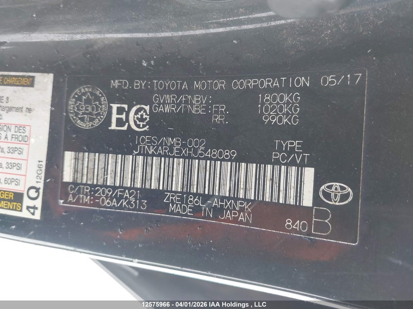 2017 Toyota Corolla Im VIN: JTNKARJEXHJ548089 Lot: 12575966