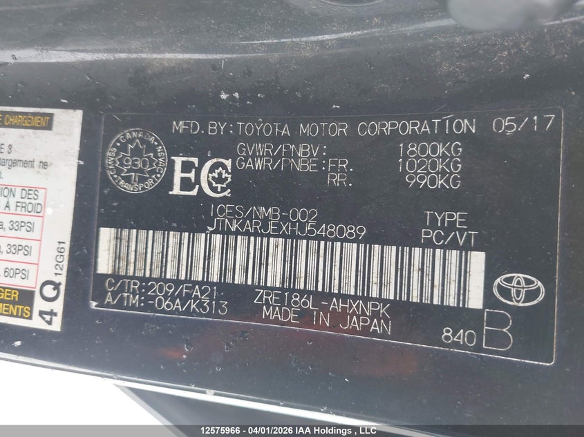 2017 Toyota Corolla Im VIN: JTNKARJEXHJ548089 Lot: 12575966