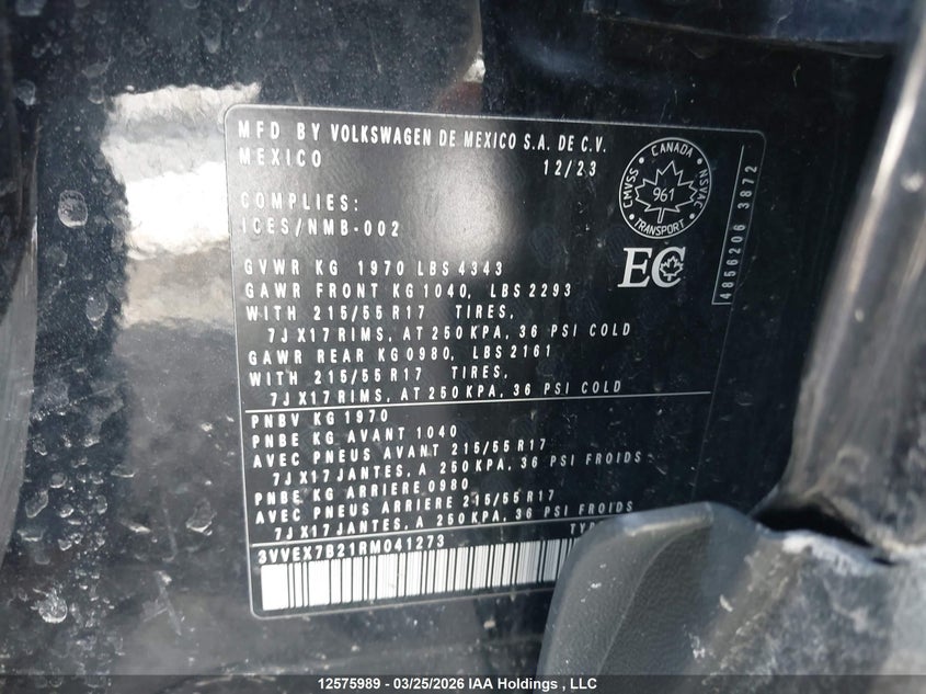 2024 Volkswagen Taos Se VIN: 3VVEX7B21RM041273 Lot: 12575989