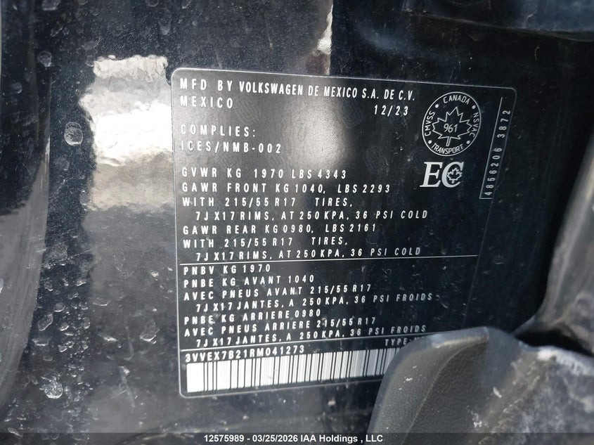 2024 Volkswagen Taos Se VIN: 3VVEX7B21RM041273 Lot: 12575989