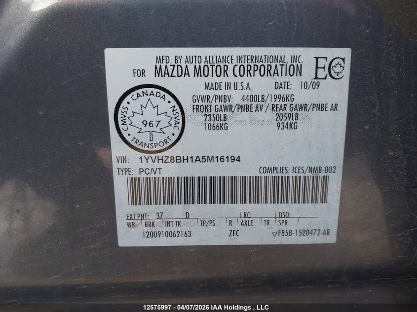 2010 Mazda Mazda6 VIN: 1YVHZ8BH1A5M16194 Lot: 12575997