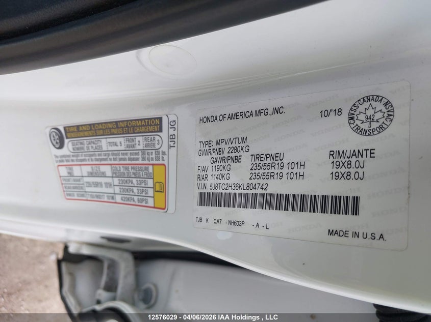 2019 Acura Rdx VIN: 5J8TC2H36KL804742 Lot: 12576029