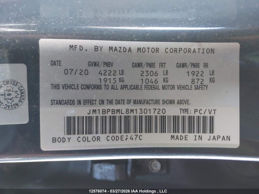 2021 Mazda Mazda3 Gt VIN: JM1BPBML8M1301720 Lot: 12576074