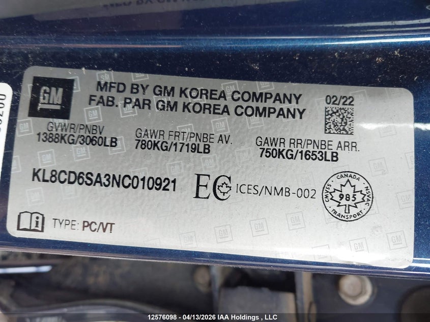 2022 Chevrolet Spark 1Lt Cvt VIN: KL8CD6SA3NC010921 Lot: 12576098