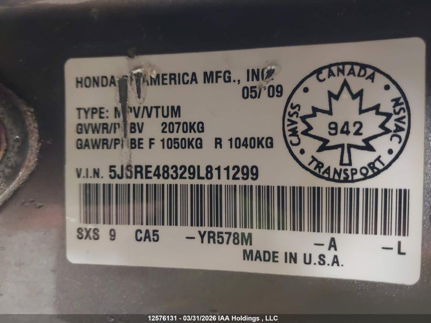 2009 Honda Cr-V Lx VIN: 5J6RE48329L811299 Lot: 12576131