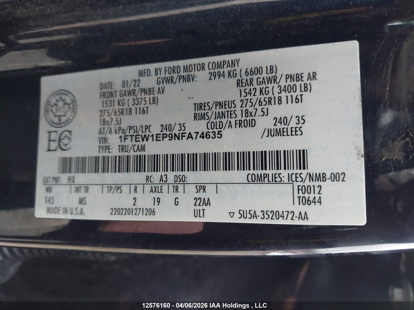 2022 Ford F-150 Xlt VIN: 1FTEW1EP9NFA74635 Lot: 12576160