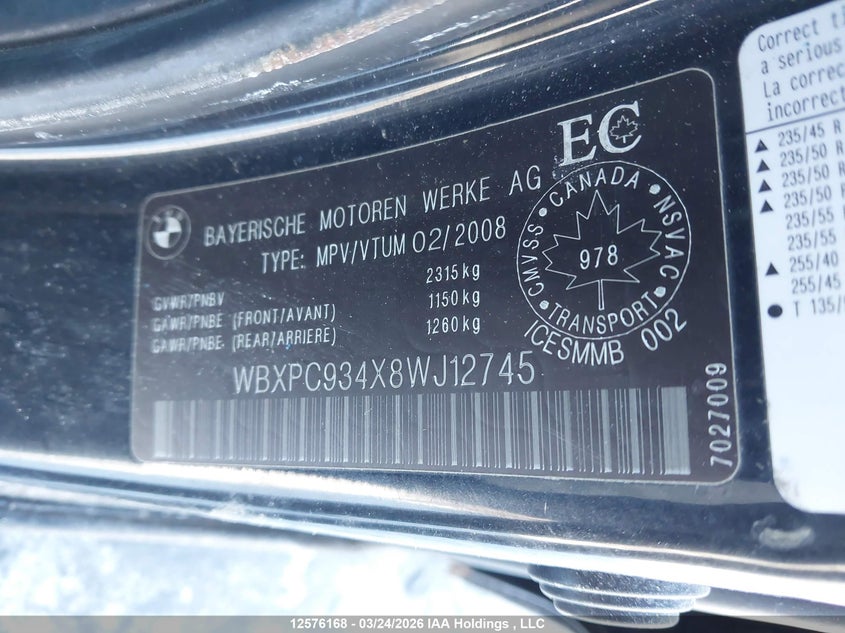 2008 BMW X3 3.0Si VIN: WBXPC934X8WJ12745 Lot: 12576168