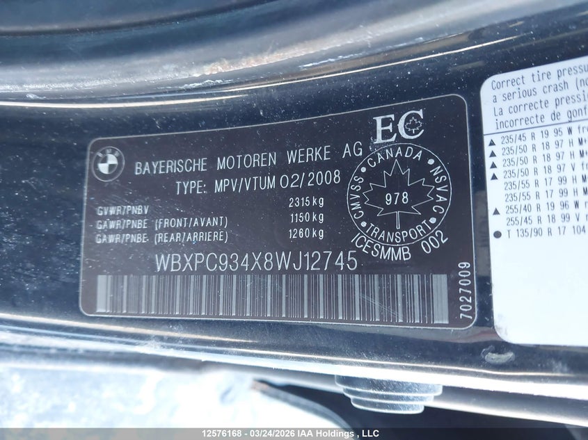2008 BMW X3 3.0Si VIN: WBXPC934X8WJ12745 Lot: 12576168