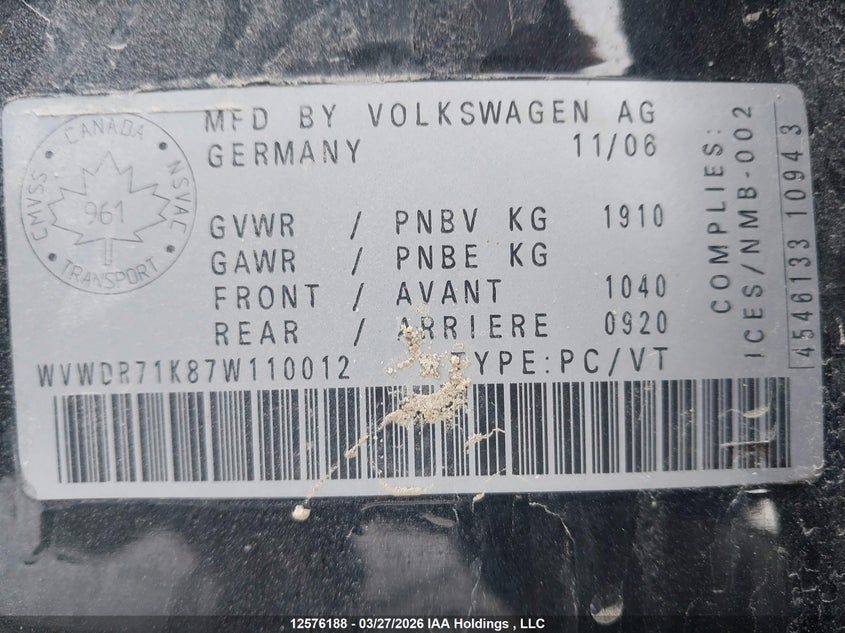 2007 Volkswagen Rabbit 5-Door VIN: WVWDR71K87W110012 Lot: 12576188