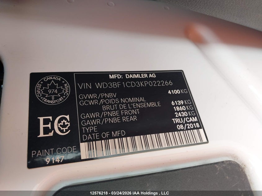 2019 Mercedes-Benz Sprinter 2500 High Roof V6 VIN: WD3BF1CD3KP022266 Lot: 12576218