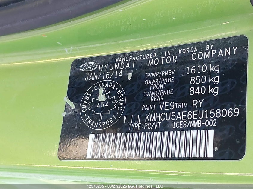 2014 Hyundai Accent Gls/Se VIN: KMHCU5AE6EU158069 Lot: 12576235