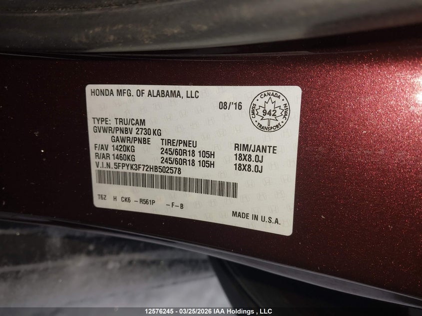 2017 Honda Ridgeline Touring VIN: 5FPYK3F72HB502578 Lot: 12576245