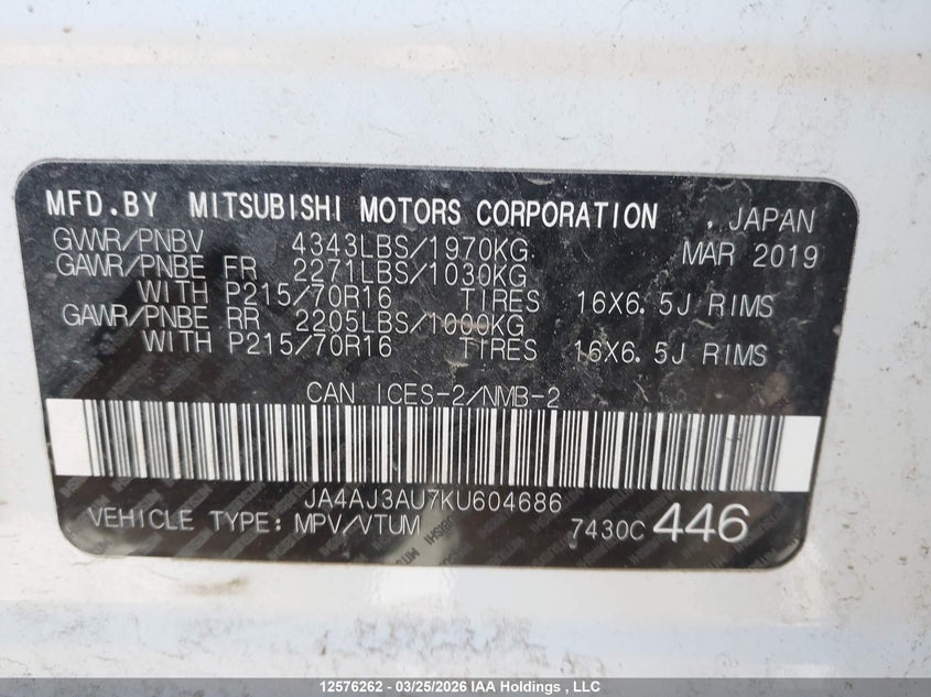 2019 Mitsubishi Rvr Se/Se Black Edition/Se Limited Edition VIN: JA4AJ3AU7KU604686 Lot: 12576262