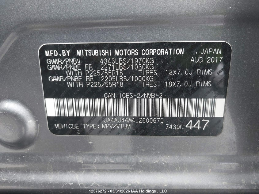 2018 Mitsubishi Rvr Gt/Se Anniversary Edition/Se Limited Edition VIN: JA4AJ4AW4JZ600670 Lot: 12576272