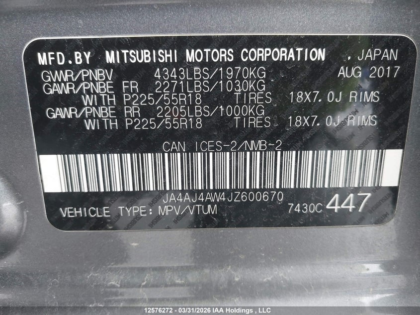 2018 Mitsubishi Rvr Gt/Se Anniversary Edition/Se Limited Edition VIN: JA4AJ4AW4JZ600670 Lot: 12576272