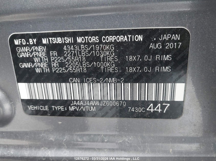 2018 Mitsubishi Rvr Gt/Se Anniversary Edition/Se Limited Edition VIN: JA4AJ4AW4JZ600670 Lot: 12576272