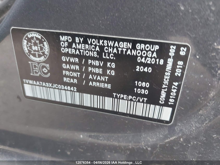 2018 Volkswagen Passat 2.0 Tsi Trendline+ VIN: 1VWAA7A3XJC034642 Lot: 12576354